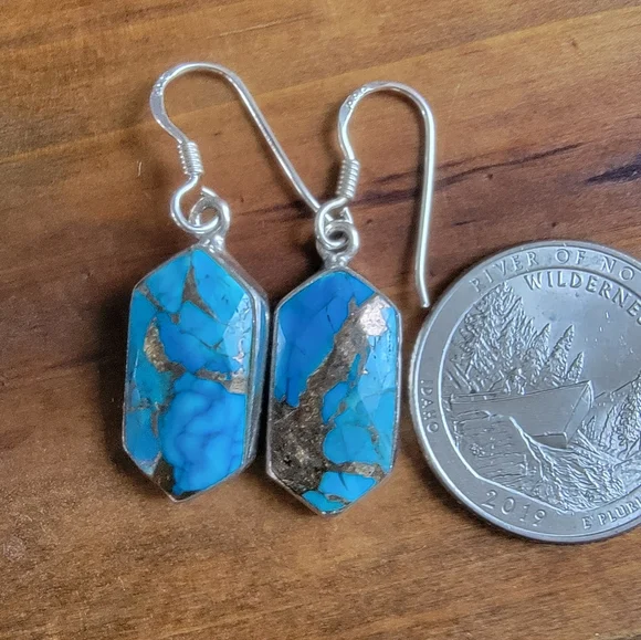 Sterling Silver Coper Turquoise  Dangle Earrings 925 Jewelry Womens Boho Style - Picture 4 of 4